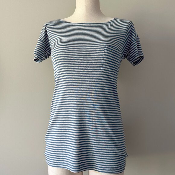 Splendid Striped Top Womens Size Small Boat Neck Blue Grey Stripes Short Sleeve - Picture 1 of 6